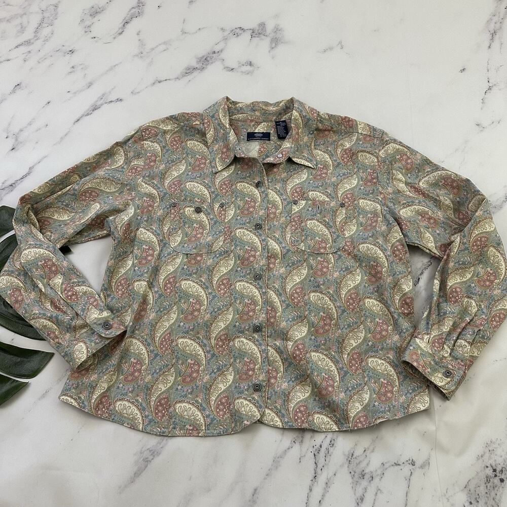 Liz Claibrone Womens Vintage 90s Denim Shirt Size XL Blue Pink Paisley Floral